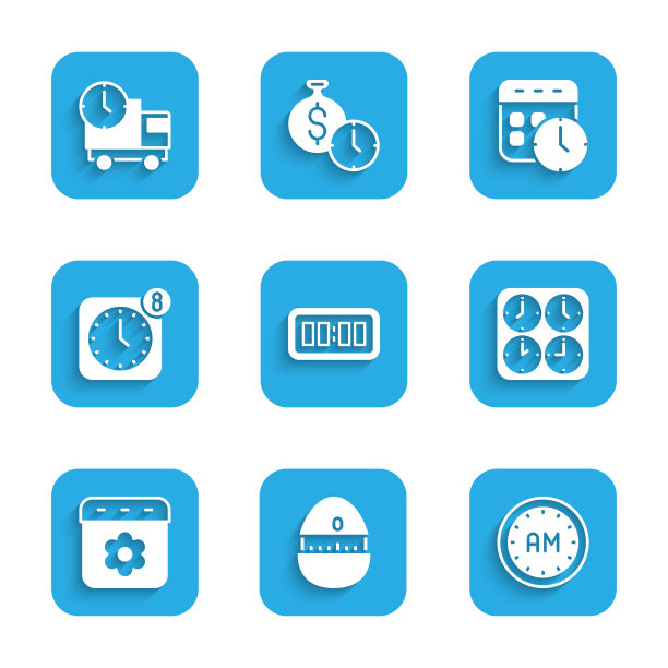 设置数字闹钟，厨房定时器，早晨，时区时钟，日历弹簧，闹钟应用程序移动，和送货卡车图标。向量图片下载