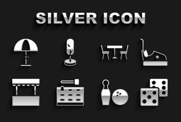 集游戏机，碰碰车，游戏骰子，保龄球瓶和球，售票处，野餐桌椅，遮阳伞和树的图标。向量图片下载