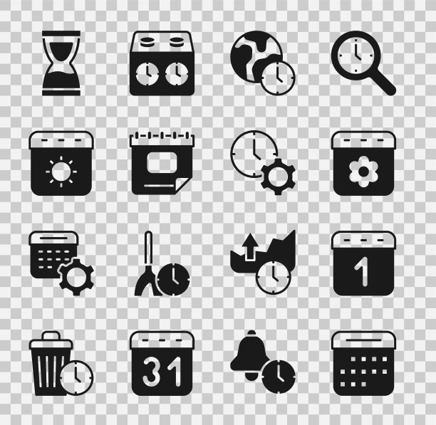 设置日历，春天，世界时间，夏天，旧沙漏和时间管理图标。向量图片下载