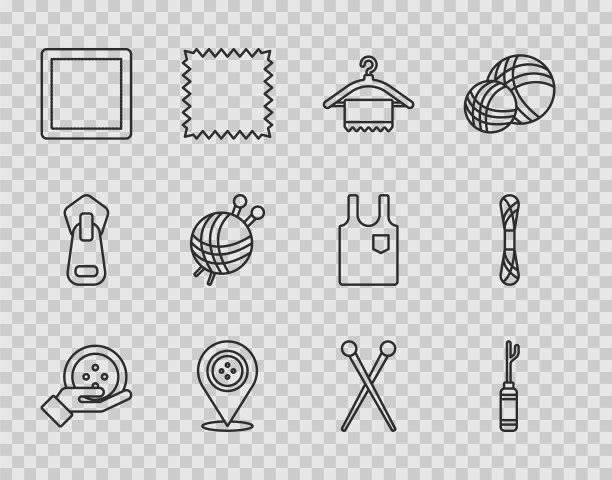 设置线缝钮扣，锥子工具，衣架衣柜，定位裁缝店，图案，纱线球与编织针，编织和图标。向量图片下载