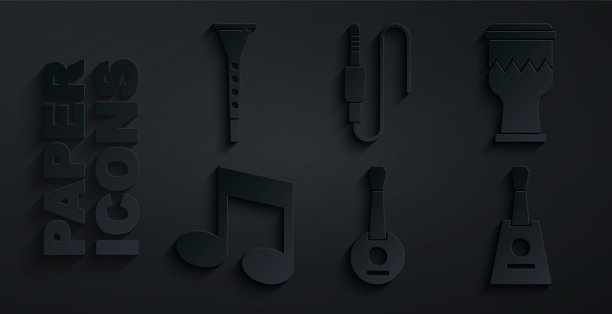 设置班卓琴，鼓，音乐音符，音调，巴拉莱卡，音频插孔和单簧管图标。向量图片下载