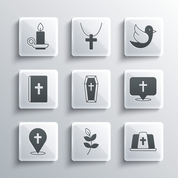 设置柳叶，教皇帽，定位教堂建筑，棺材，圣经书，燃烧的蜡烛烛台和鸽子图标。向量图片下载