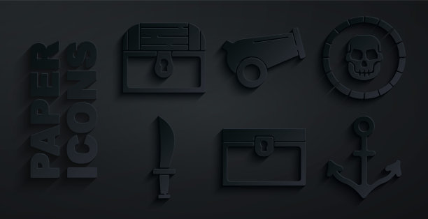 设置古董宝箱，海盗钱币，剑，锚，大炮和图标。向量图片下载