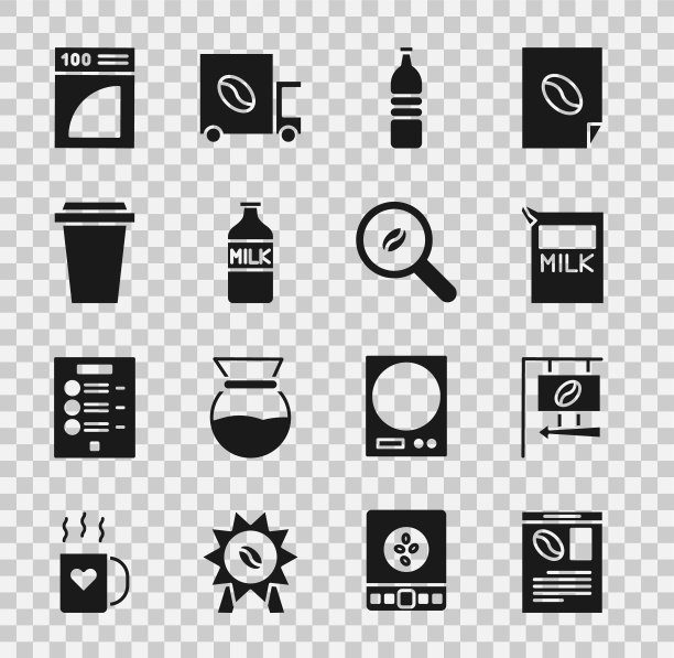 设置报纸和咖啡，街道招牌，纸包装牛奶，瓶装水，带，咖啡杯走，过滤器和选择豆图标。向量图片下载