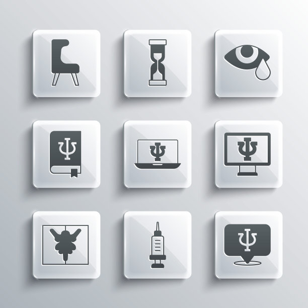 药物成瘾、心理学、Psi、心理学家在线、罗夏测试、书籍、扶手椅和眼泪哭泣眼睛图标。矢量素材图片下载