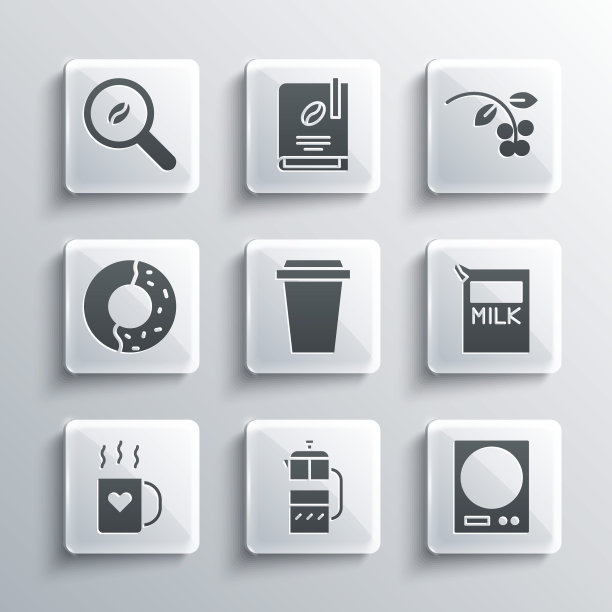 设置法式压滤机、电子秤、牛奶纸包、咖啡杯外带、心型、甜釉甜甜圈、精选咖啡豆和豆子、分支图标。向量图片下载