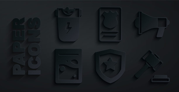 设置警察徽章、扩音器、毒品塑料袋、法官槌，带身份证件盒和电击枪图标。矢量图片下载