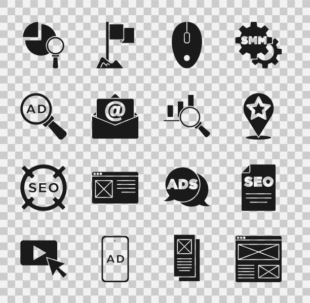 设置浏览器窗口，SEO优化，地图指针与星星，电脑鼠标，邮件和电子邮件，广告，放大镜分析和图标。向量图片下载