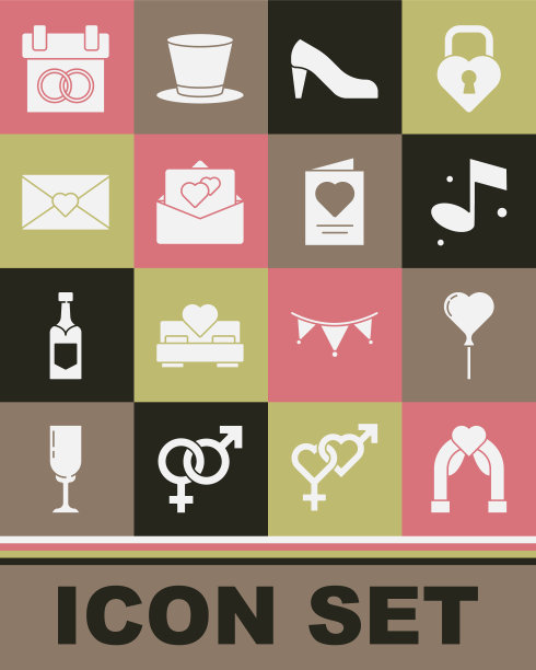 集婚礼拱门，气球形式的心，音乐笔记，女人鞋，贺卡，信封与情人节，日历和图标。向量图片下载