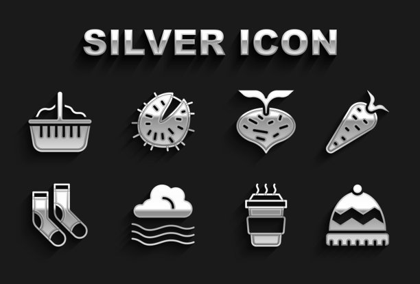 设置有风的天气，胡萝卜，冬季帽子，咖啡杯去，袜子，甜菜，篮子和栗子图标。向量图片下载