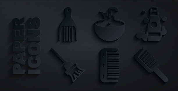 设置发刷，洗发水瓶，拖把，脸盆和发夹图标。向量图片下载