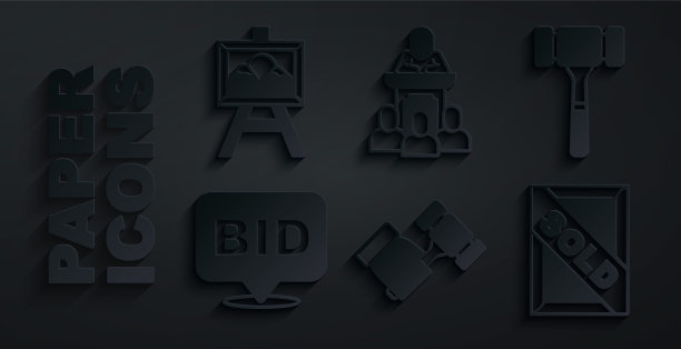 拍卖锤、投标、已售绘画和拍卖师图标矢量素材图片下载