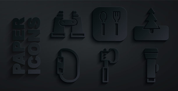 设置木斧头，树，钩环，手电筒，叉子和勺子和望远镜图标。向量图片下载