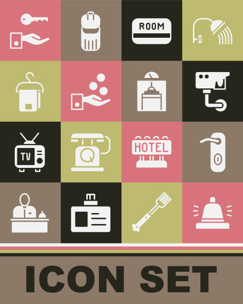 设置酒店服务铃，门把手，安全摄像头，钥匙卡，支付提示，毛巾挂在衣架上，门锁和电梯图标。向量图片下载