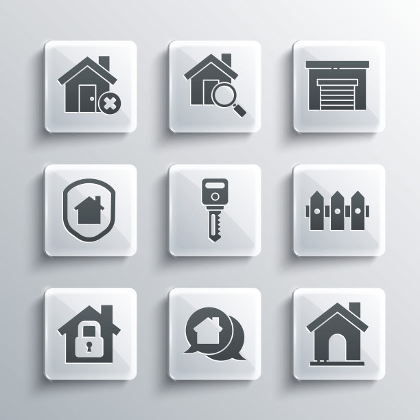 设置房地产信息房子，房子，花园栅栏木，钥匙，在保护下，错误的标记和车库图标。向量图片下载