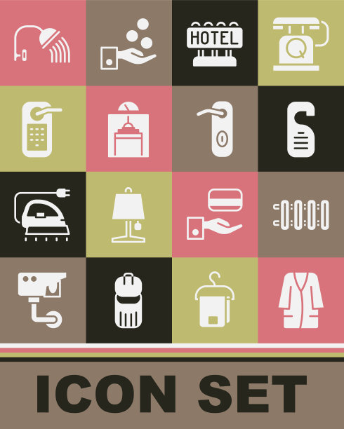 设置浴衣、暖气片、请勿打扰、酒店招牌、电梯、数字门锁、淋浴喷头和门把手图标。向量图片下载