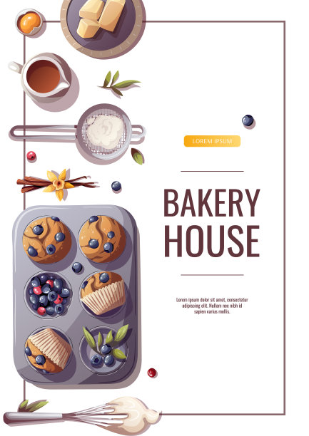 横幅设计与松饼和用具烘烤，面包店，烹饪，甜食，甜点，糕点。图片下载