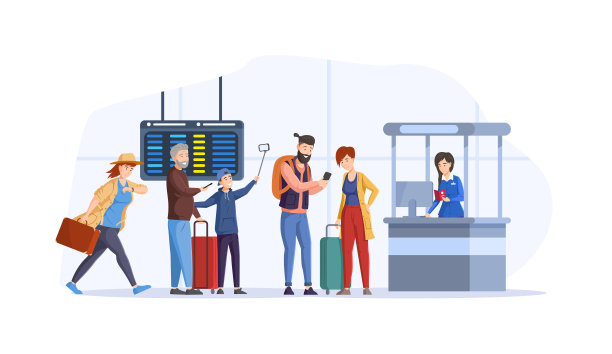 旅客在机场内部延误起飞时间。带着行李的人们在机场柜台前排队等待乘务员图片下载