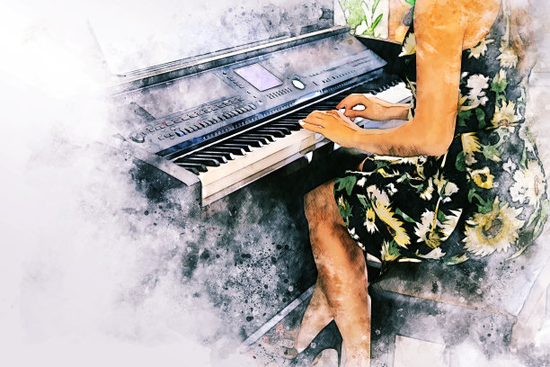 抽象派色彩斑斓的年轻女子在钢琴键盘上弹奏水彩插画绘画背景。图片下载