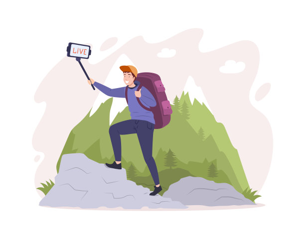 微笑的男性旅游博主在互联网上直播用智能手机登山极限运动图片下载