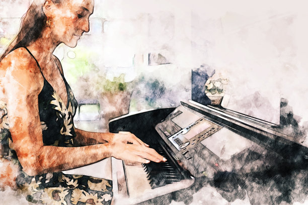 抽象派色彩斑斓的年轻女子在钢琴键盘上弹奏水彩插画绘画背景。图片下载