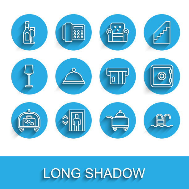 酒店行李车，电梯，香槟酒瓶，带盖的食物托盘，游泳池，保险箱和信用卡图标。向量图片下载