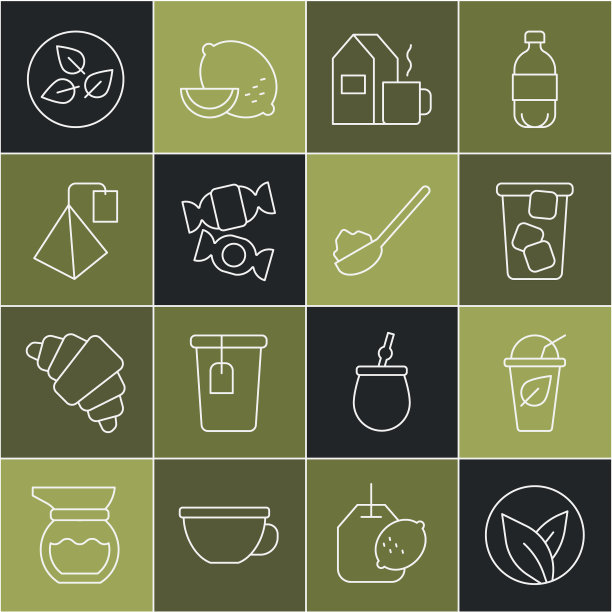 设置线茶叶，杯茶与，冰，牛奶，糖果，袋，勺子糖图标。向量图片下载