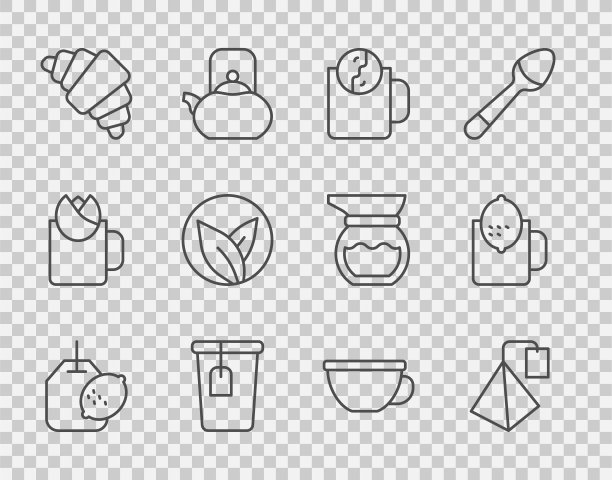 设置线茶包与柠檬，时间，杯茶，牛角面包，叶子，和图标。向量图片下载