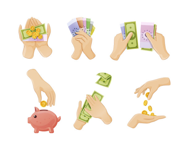 人们手握现金，钞票，金币，美元欧元套。把财富放进储蓄罐的人的手臂图片下载