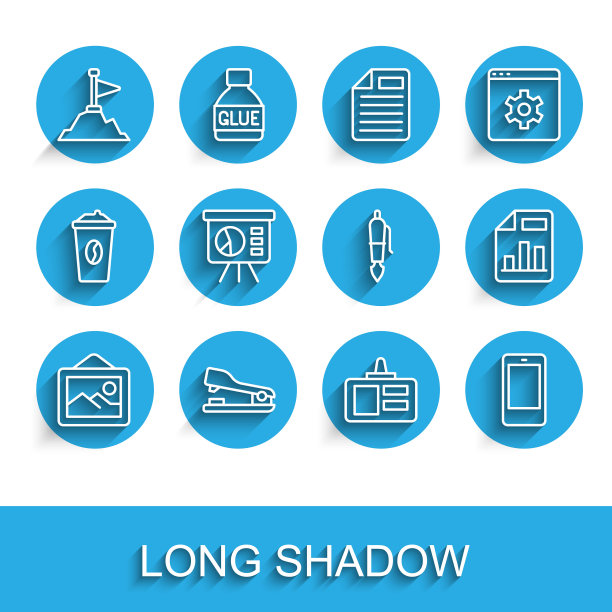 设置线图片景观，订书机，山顶旗帜山，识别徽章，手机，板图，文件图表和钢笔笔尖图标。向量图片下载