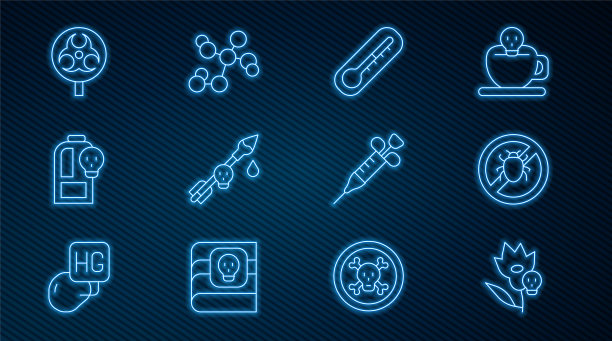 设置线毒药花，阻止科罗拉多甲虫，温度计，箭头，烧杯有毒液体，生物危害符号，注射器和化学配方图标。向量图片下载