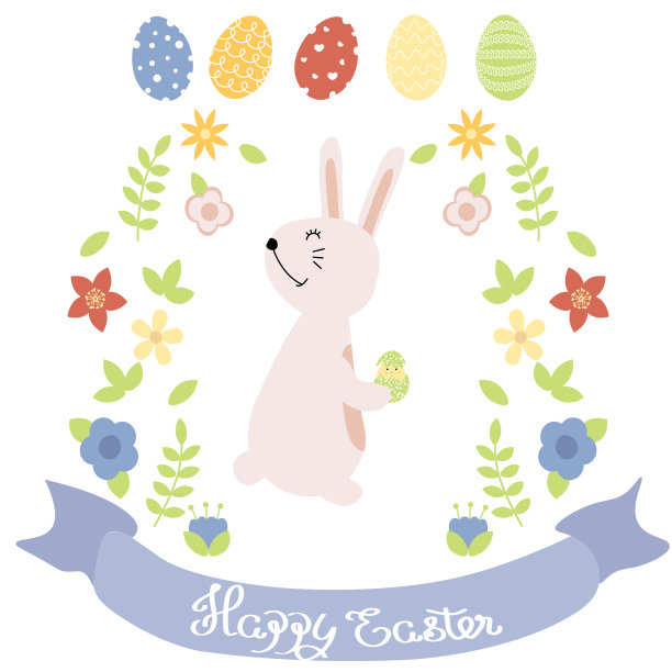 复活节的彩蛋，兔子和花在柔和的颜色。复活节问候短信快乐。为网站标题设计，横幅，海报，卡片，纸打印，明信片，背景图片下载