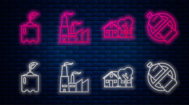 集工厂、环保住宅、芽瓶、无塑料瓶于一体。砖墙上闪烁的霓虹灯图标。向量图片下载