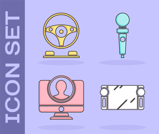 设置便携式视频游戏机，赛车模拟器驾驶舱，创建帐户屏幕和操纵杆的街机图标。向量图片下载