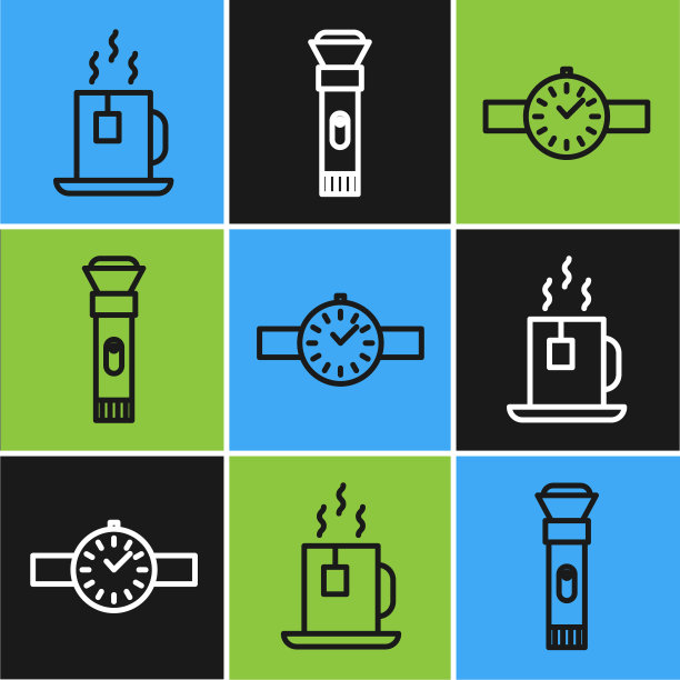 设置线杯茶茶袋，腕表和手电筒图标。向量图片下载