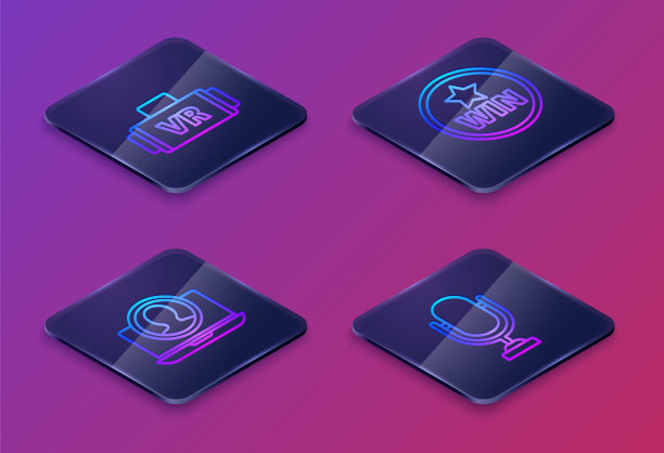 设置等距线虚拟现实眼镜，创建帐户屏幕，奖牌和麦克风。蓝色方块按钮。向量图片下载