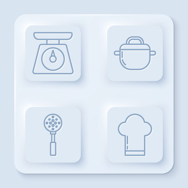 设置线秤，烹饪锅，抹刀和厨师帽。白色正方形按钮。向量图片下载