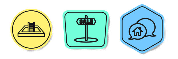 设置带梯子的游泳池，在语音泡泡中悬挂文字销售和房屋建筑的标志。颜色的形状。向量图片下载