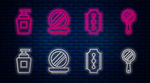 化妆粉配镜子，剃须刀，洗发精，手镜。砖墙上闪烁的霓虹灯图标。向量图片下载