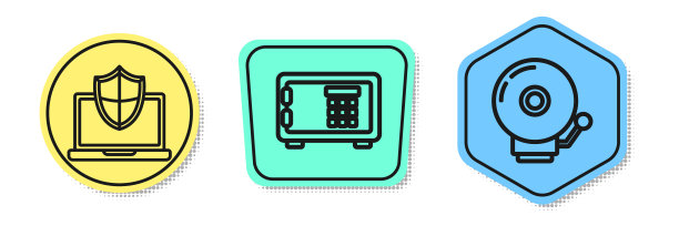 设置有屏蔽保护、安全及响铃的线路笔记本电脑。颜色的形状。向量图片下载