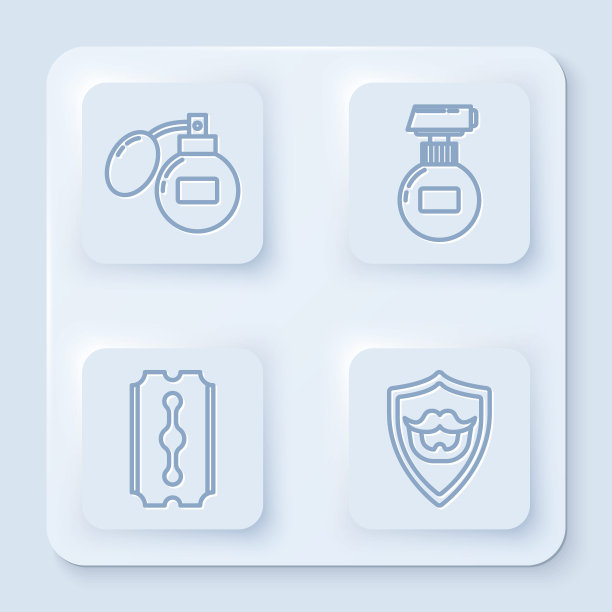 设置线须后水，霜或乳液化妆品管，刀片剃须刀和胡子和胡须在盾牌上。白色正方形按钮。向量图片下载