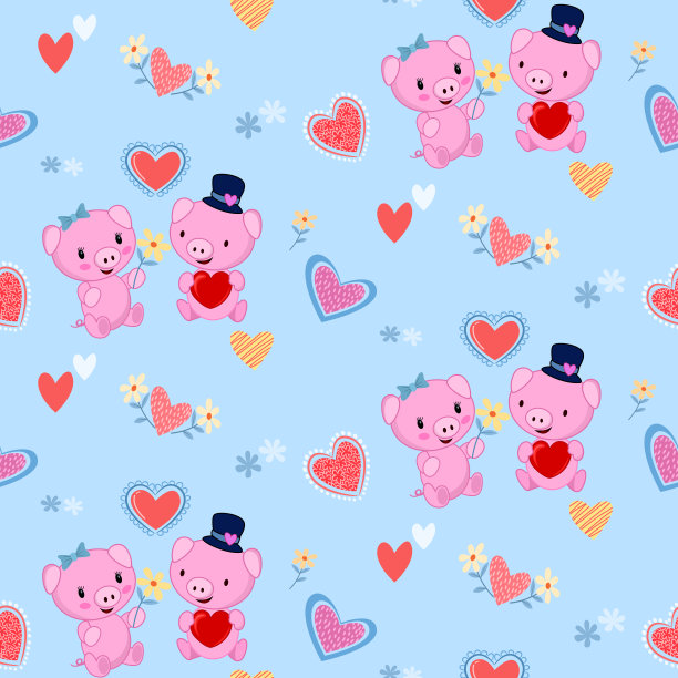 可爱的情侣猪与花和心型无缝图案。图片下载