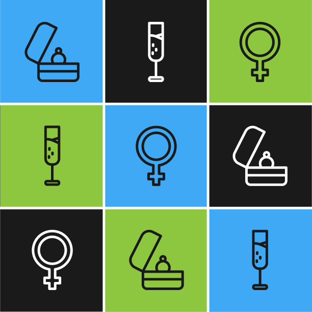 集行结婚戒指，女性的性别象征和香槟的图标。向量图片下载