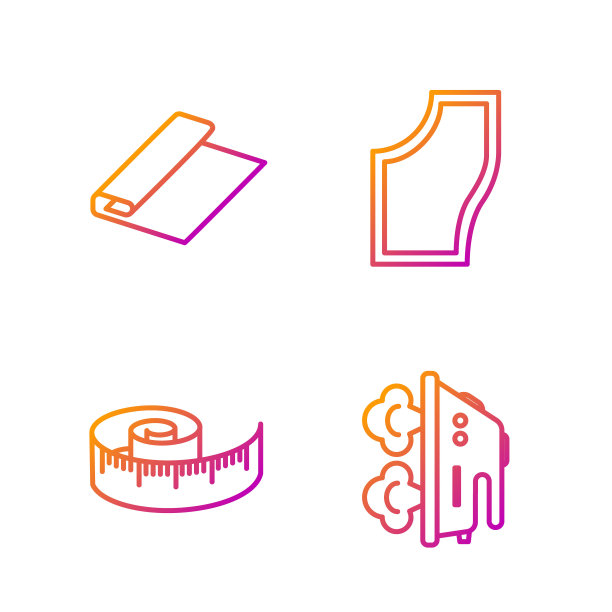 电熨斗，卷尺，纺织卷布，缝纫图案。渐变颜色图标。向量图片下载