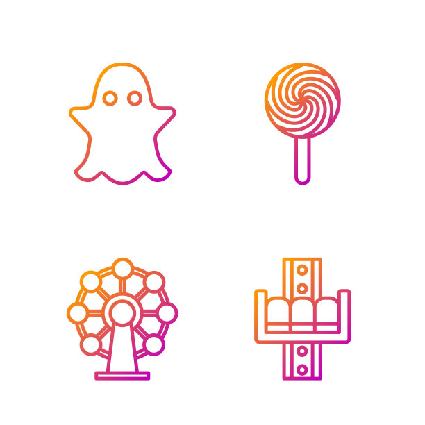设置线吸引旋转木马，摩天轮，幽灵和棒棒糖。渐变颜色图标。向量图片下载