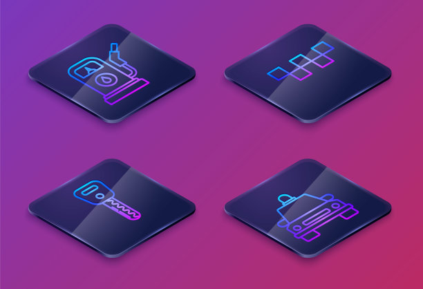 设置等距线汽油或加油站，车钥匙，出租车车顶和出租车。蓝色方块按钮。向量图片下载