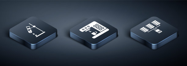 设置等距试管烧瓶，服务器，数据，网络主机和咖啡机图标。向量图片下载