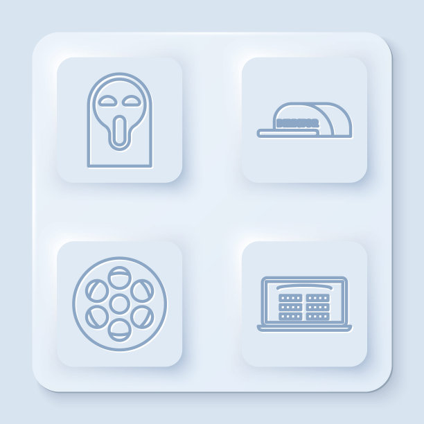 搞笑吓人鬼面具，导演盖帽题字，电影卷轴，网上购票。白色正方形按钮。向量图片下载