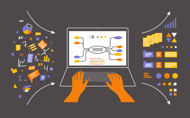 数据分析矢量插图与人手工作在笔记本电脑和排序信息使用数字思维导图图片下载