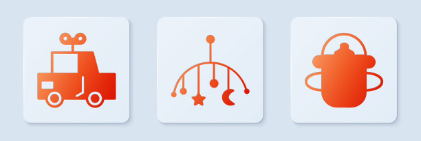 设置婴儿床挂玩具，玩具车和婴儿奶瓶。白色正方形按钮。向量图片下载